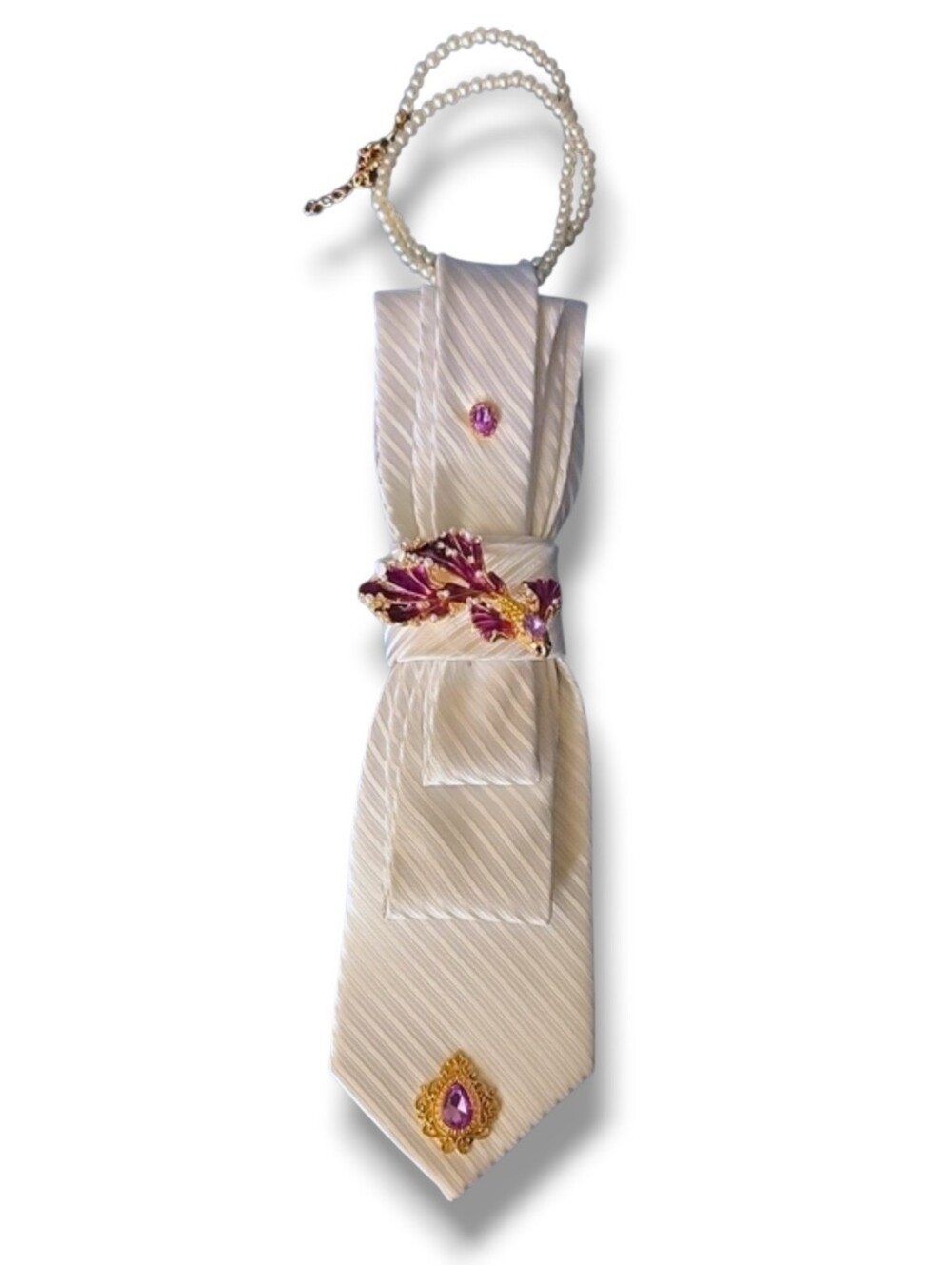 3/$60 White Striped Cravat with Purple Gem Koi Fish Accent